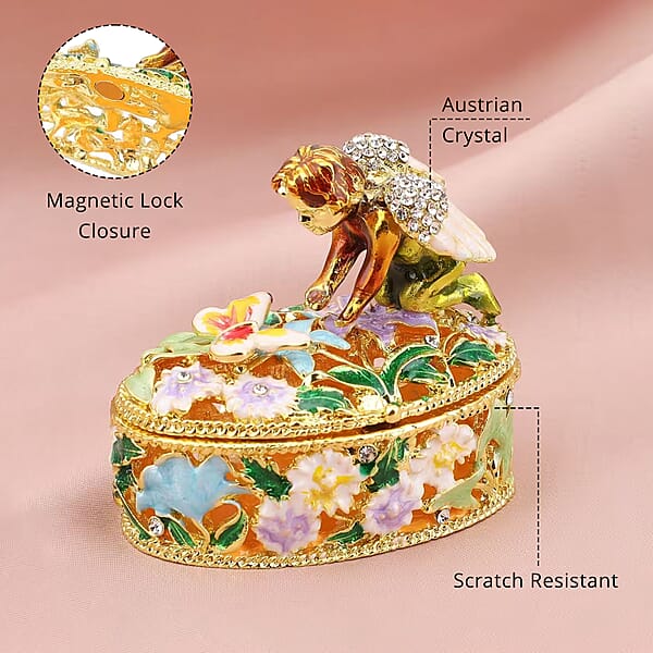 Livmore White Austrian Crystal Enameled Angel Trinket Box In Goldtone