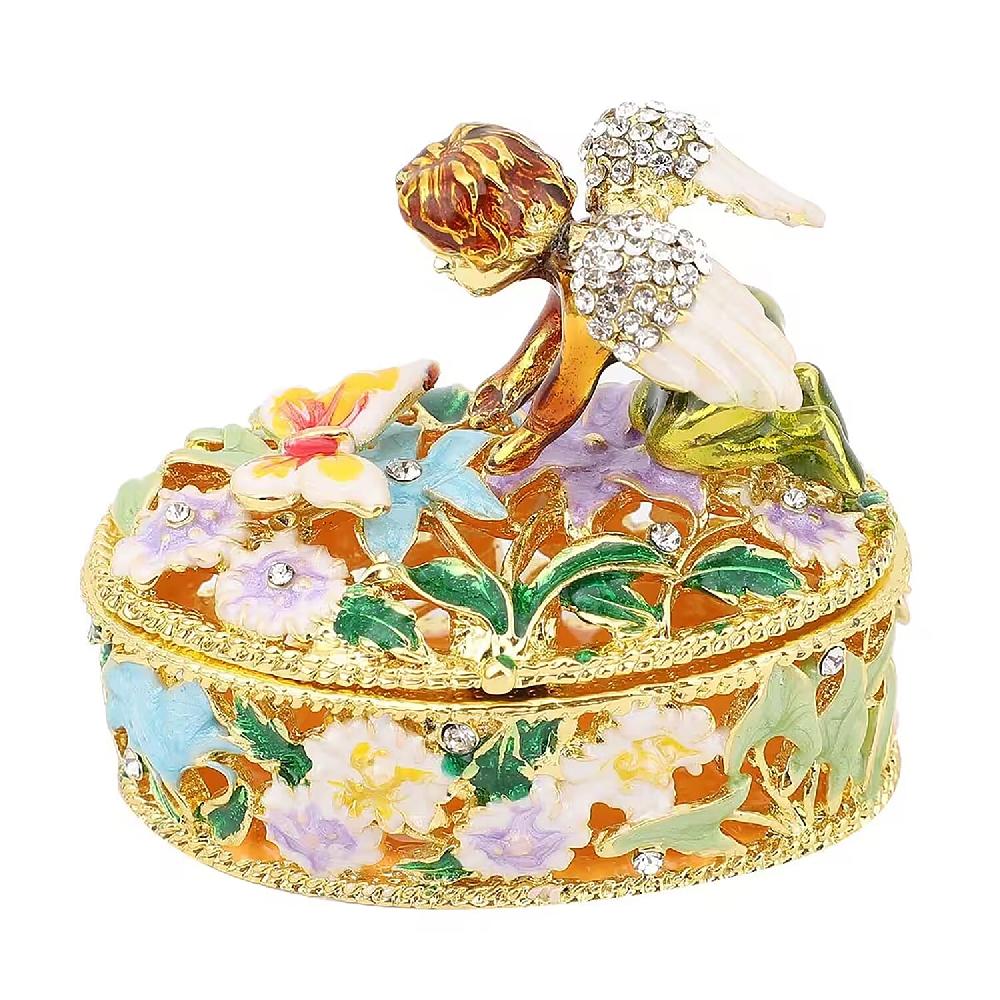 Livmore White Austrian Crystal Enameled Angel Trinket Box in Goldtone