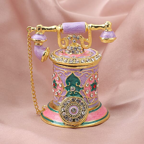 Livmore White Austrian Crystal Enameled Telephone Shape Trinket Box In Goldtone