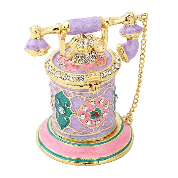 Livmore White Austrian Crystal Enameled Telephone Shape Trinket Box In Goldtone