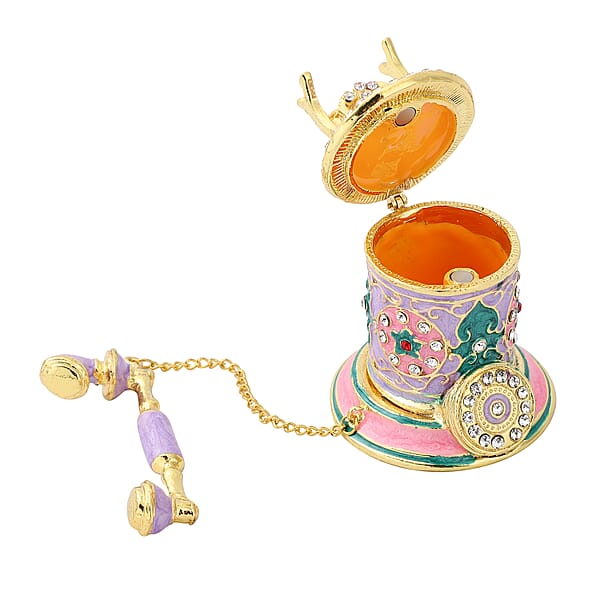 Livmore White Austrian Crystal Enameled Telephone Shape Trinket Box In Goldtone