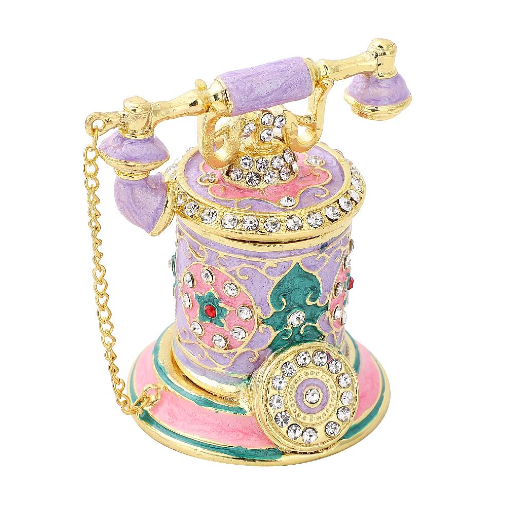 Livmore White Austrian Crystal Enameled Telephone Shape Trinket Box in Goldtone