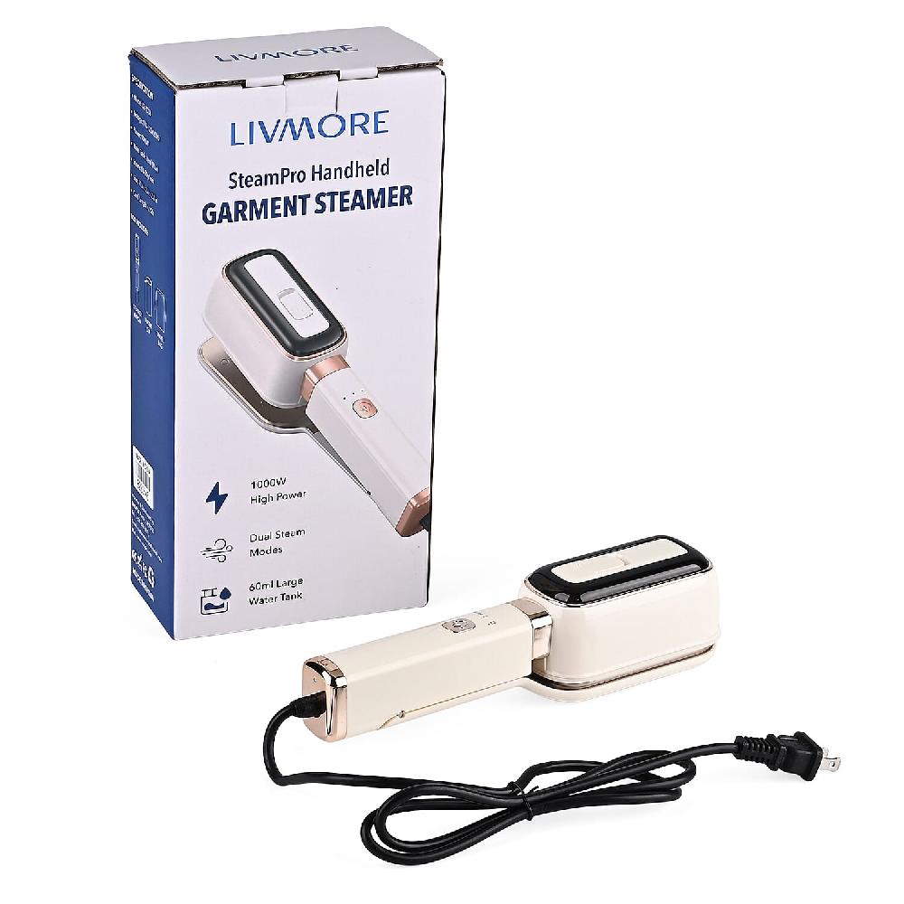 Livmore White Compact Handheld Steamer with Dual Adjustable Steam Modes and 60ml Water Tank (1000W 100-120V 220-240V 50/60Hz)