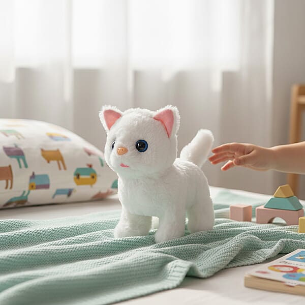 Livmore White Walking Plush Cat Toy (2xAA Battery Not Included)