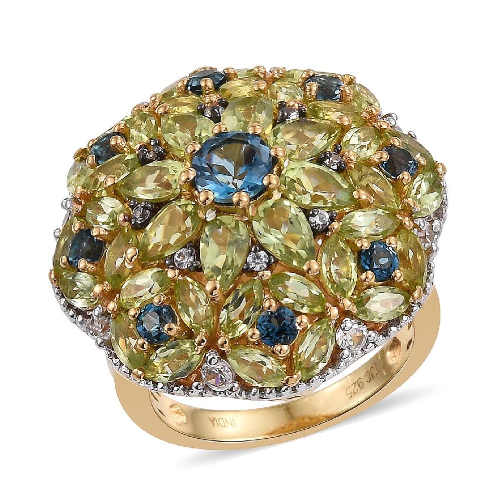 London Blue Topaz and Multi Gemstone 5.34 ctw Ring in 14K Yellow Gold Over Sterling Silver