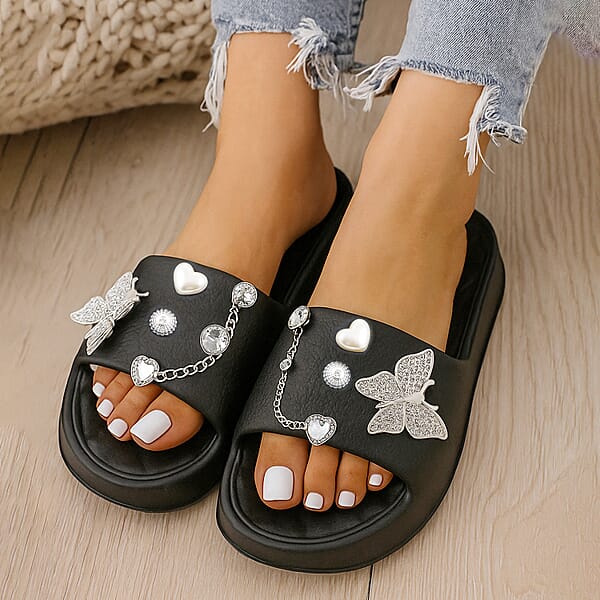 LOVE 83 Black EVA Butterfly Rhinestone Sandals - S