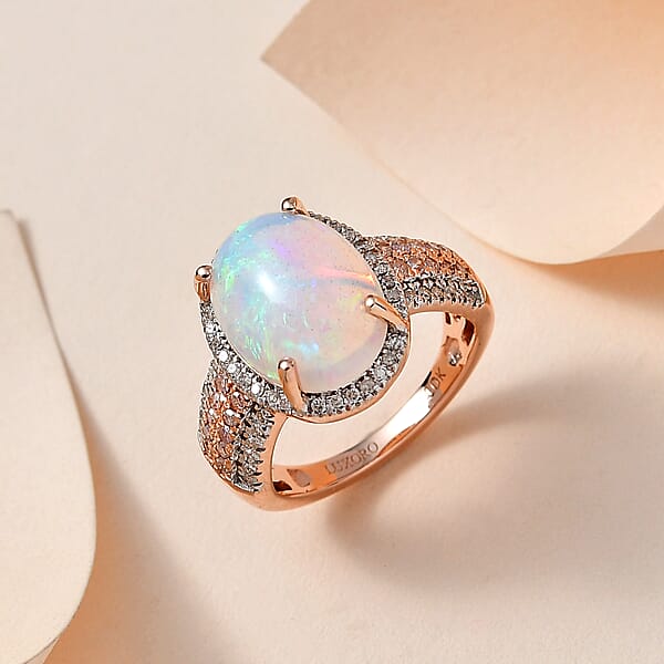 Luxoro 10K Rose Gold AAA Ethiopian Welo Opal I3 Natural Pink And White Diamond Halo Ring 4.65 Grams 4.50 Ctw