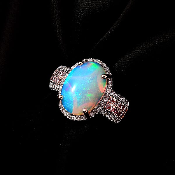 Luxoro 10K Rose Gold AAA Ethiopian Welo Opal I3 Natural Pink And White Diamond Halo Ring 4.65 Grams 4.50 Ctw