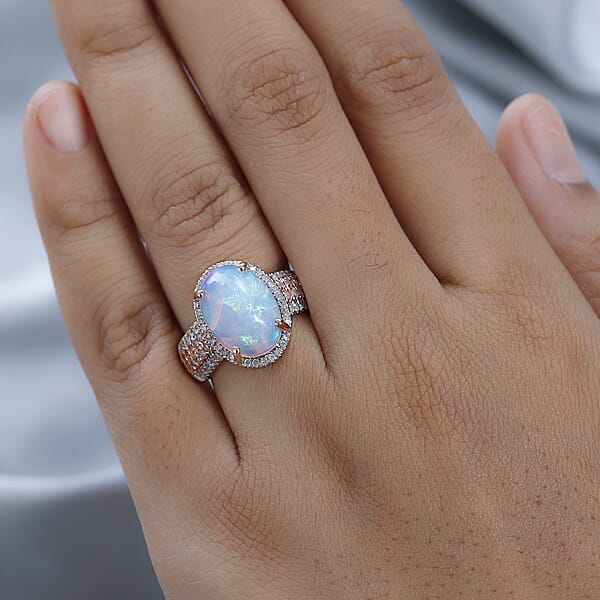 Luxoro 10K Rose Gold AAA Ethiopian Welo Opal I3 Natural Pink And White Diamond Halo Ring 4.65 Grams 4.50 Ctw