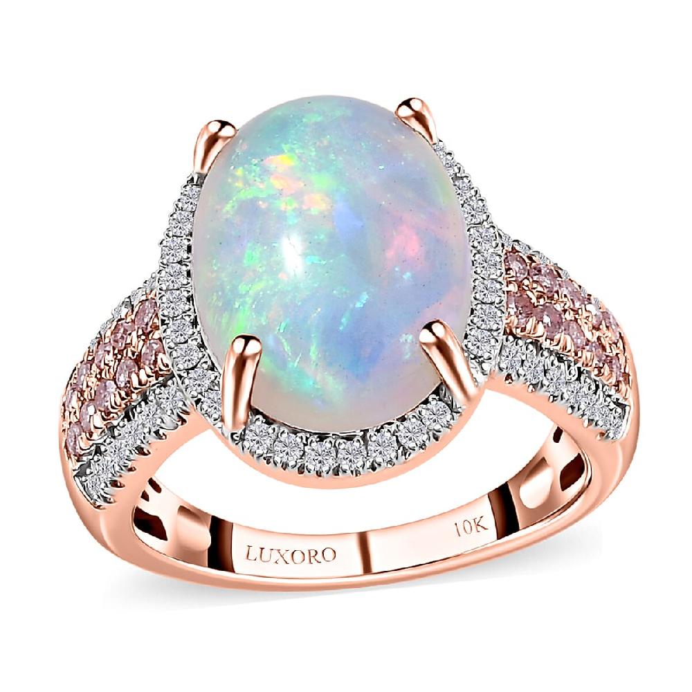 Luxoro 10K Rose Gold AAA Ethiopian Welo Opal I3 Natural Pink and White Diamond Halo Ring 4.65 Grams 4.50 ctw