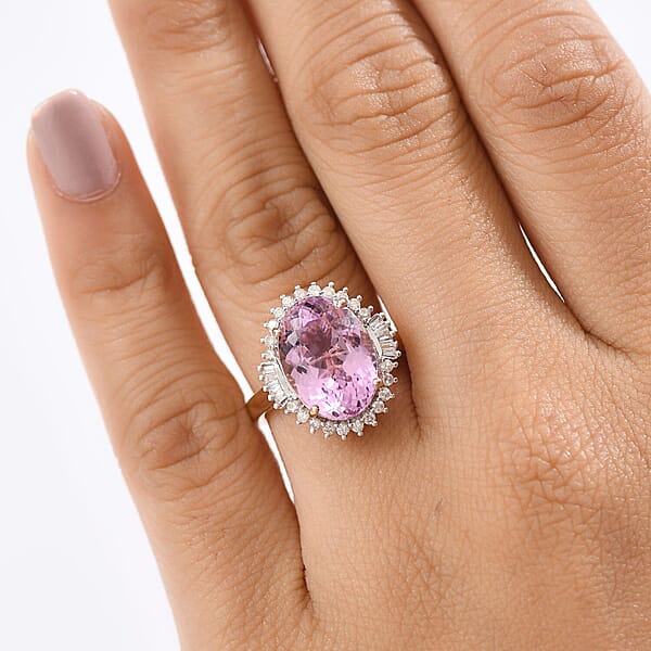 Luxoro 10K Rose Gold AAA Martha Rocha Kunzite Diamond (G-H I2) Twilight Blossom Ring 7.80 Ctw