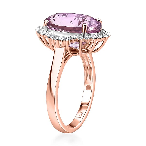 Luxoro 10K Rose Gold AAA Martha Rocha Kunzite Diamond (G-H I2) Twilight Blossom Ring 7.80 Ctw