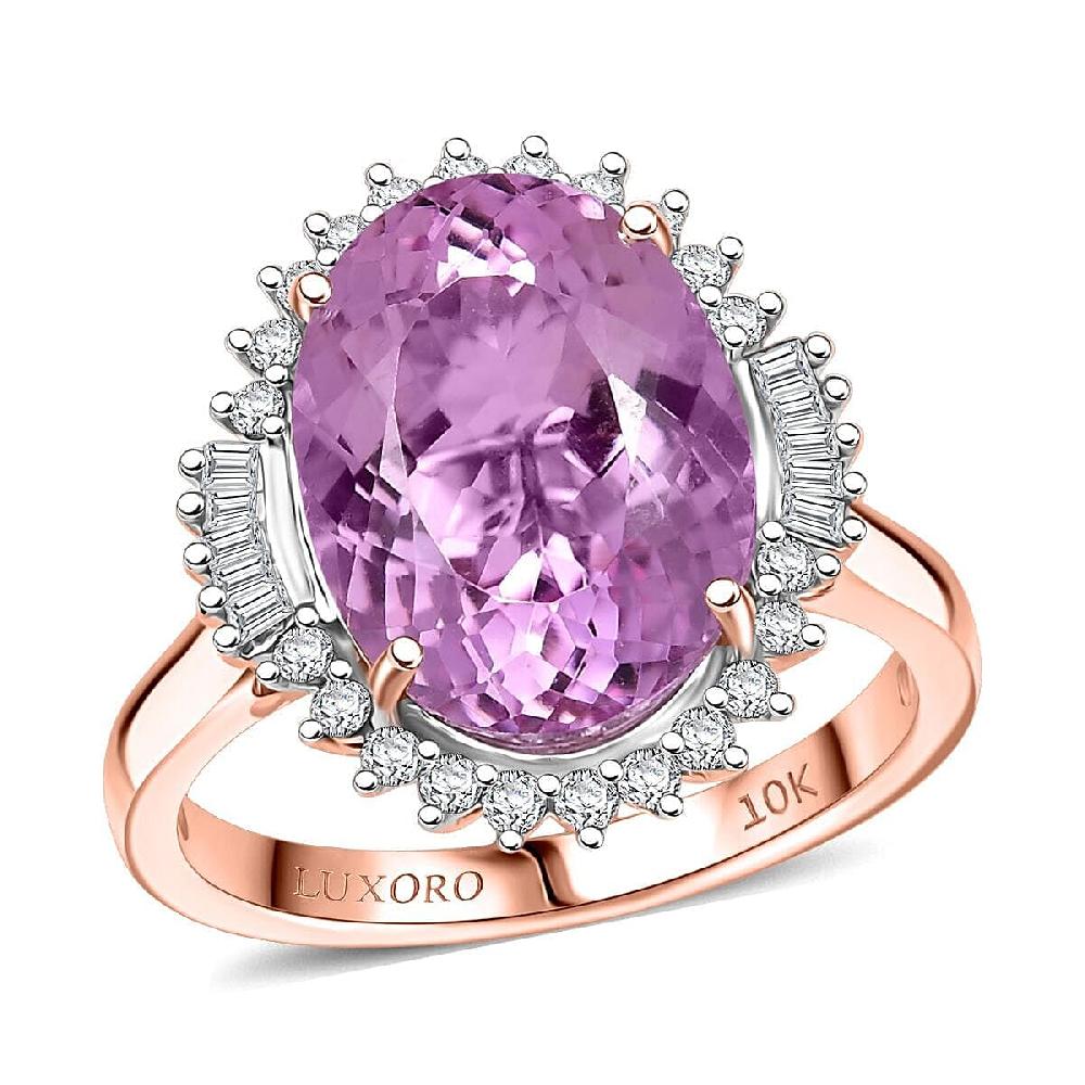 Luxoro 10K Rose Gold AAA Martha Rocha Kunzite Diamond (G-H I2) Twilight Blossom Ring 7.80 ctw