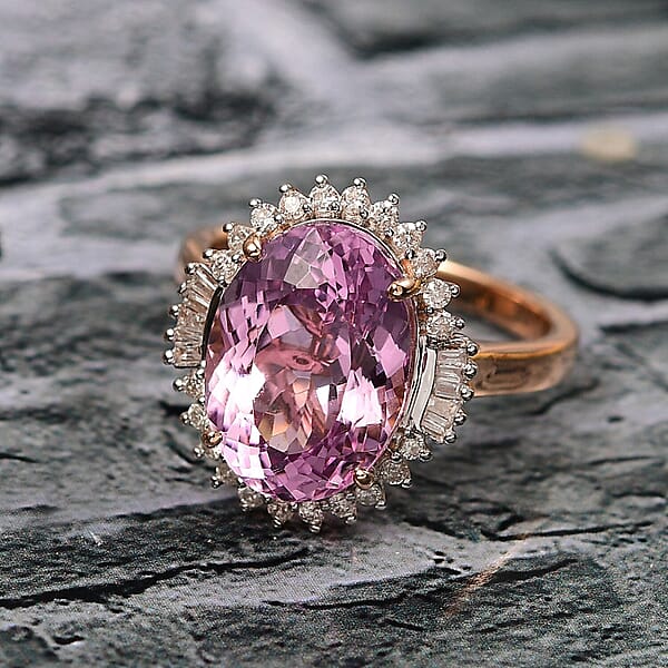 Luxoro 10K Rose Gold AAA Martha Rocha Kunzite Diamond (G-H I2) Twilight Blossom Ring 7.80 Ctw