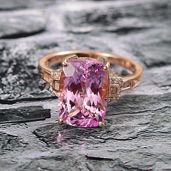Luxoro 10K Rose Gold AAA Martha Rocha Kunzite Natural Pink And White Diamond (I1 - I2) (0.16 Cts) Ring 8.90 Ctw