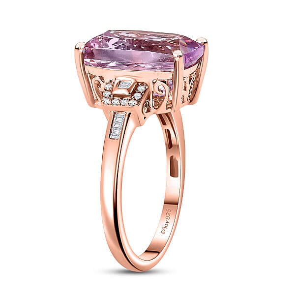 Luxoro 10K Rose Gold AAA Martha Rocha Kunzite Natural Pink And White Diamond (I1 - I2) (0.16 Cts) Ring 8.90 Ctw