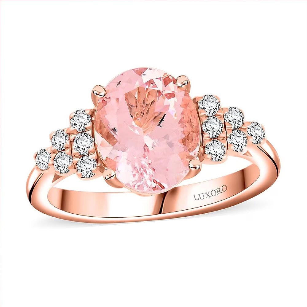 Luxoro 10K Rose Gold AAA Pink Morganite White Diamond I2 Ring Gold Wt. 3.27 g 3.00 ctw