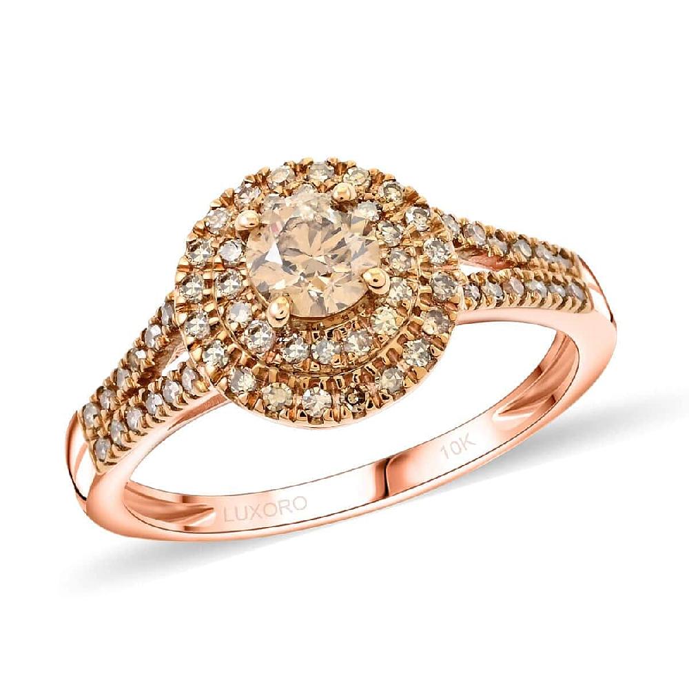 Luxoro 10K Rose Gold Natural Champagne Diamond Double Halo Ring 1.00 ctw