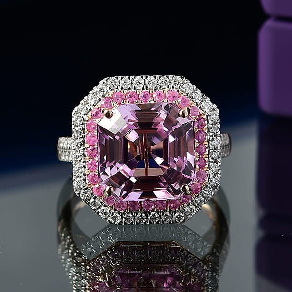 Luxoro 10K Rose Gold Premium Asscher Cut Martha Rocha Kunzite Pink Sapphire And Diamond (G-H I2) Blush Fire Ring 11.30 Ctw