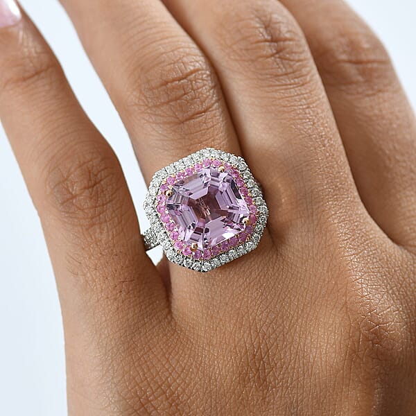 Luxoro 10K Rose Gold Premium Asscher Cut Martha Rocha Kunzite Pink Sapphire And Diamond (G-H I2) Blush Fire Ring 11.30 Ctw