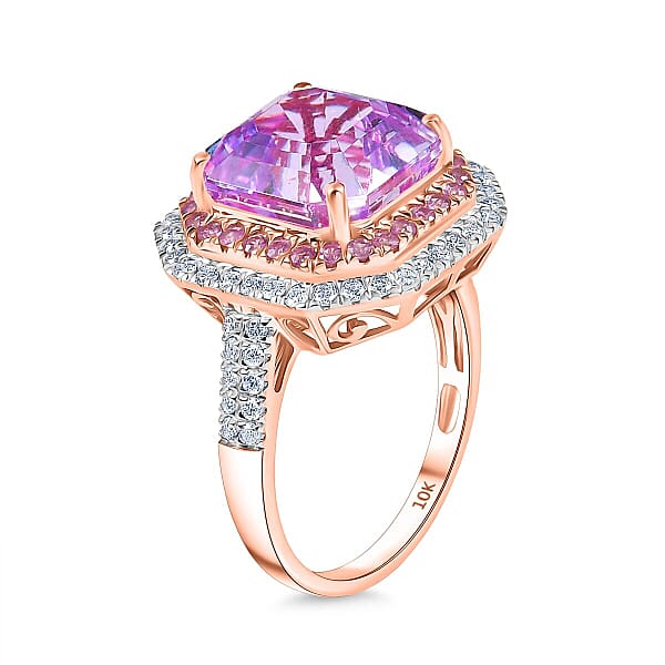 Luxoro 10K Rose Gold Premium Asscher Cut Martha Rocha Kunzite Pink Sapphire And Diamond (G-H I2) Blush Fire Ring 11.30 Ctw