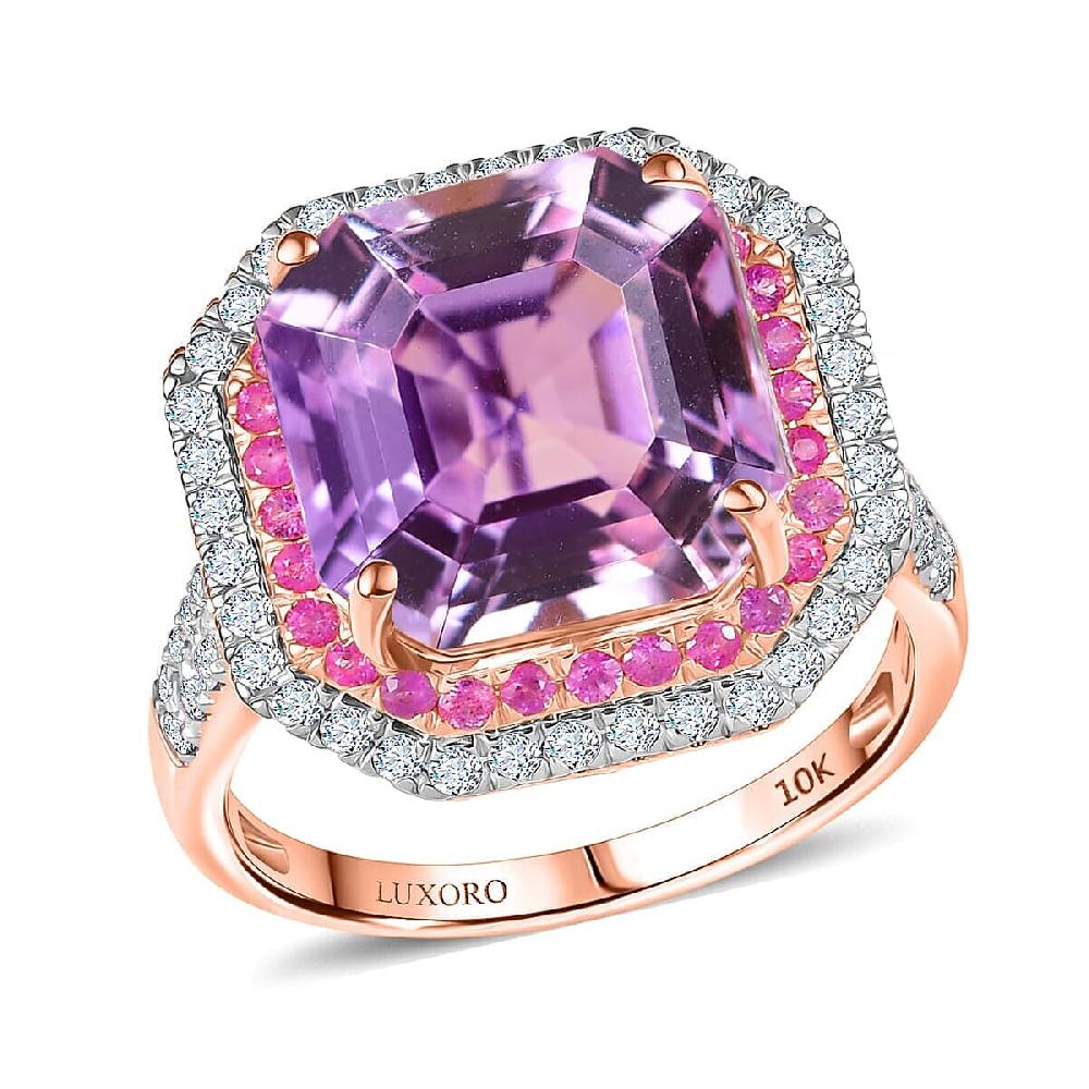 Luxoro 10K Rose Gold Premium Asscher Cut Martha Rocha Kunzite Pink Sapphire and Diamond (G-H I2) Blush Fire Ring 11.30 ctw