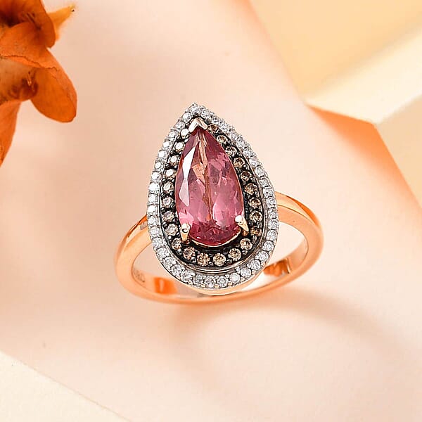 Luxoro 10K Rose Gold Premium Blush Apatite I3 Natural Champagne And White Diamond Double Halo Ring 4.50 Grams 2.40 Ctw