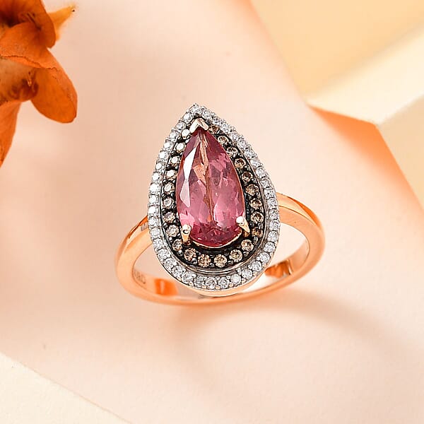 Luxoro 10K Rose Gold Premium Blush Apatite I3 Natural Champagne And White Diamond Double Halo Ring 4.50 Grams 2.40 Ctw