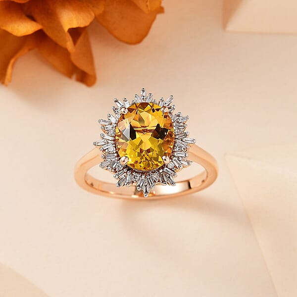 Luxoro 10K Rose Gold Premium Brazilian Heliodor And G-H I2 Diamond Sunburst Ring 2.50 Ctw