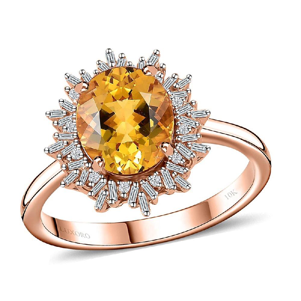 Luxoro 10K Rose Gold Premium Brazilian Heliodor and G-H I2 Diamond Sunburst Ring 2.50 ctw