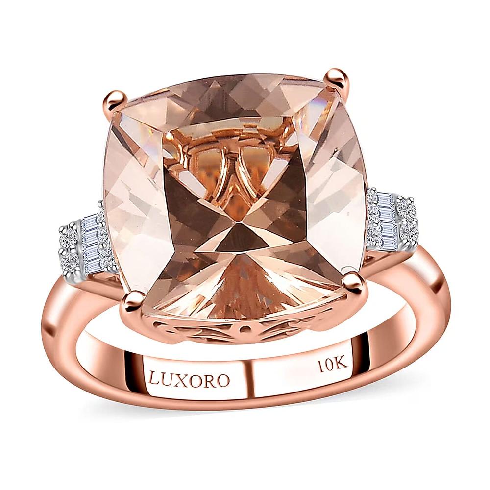 Luxoro 10K Rose Gold Premium Marropino Morganite and G-H I2 Diamond Ring 4.85 Grams 8.10 ctw