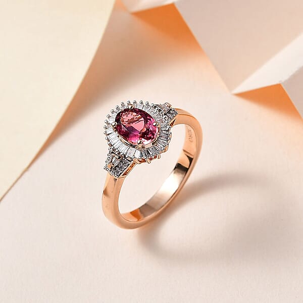 Luxoro 10K Rose Gold Premium Natural Calabar Pink Tourmaline And G-H I2 Diamond Halo Ring 4.15 Grams 1.50 Ctw