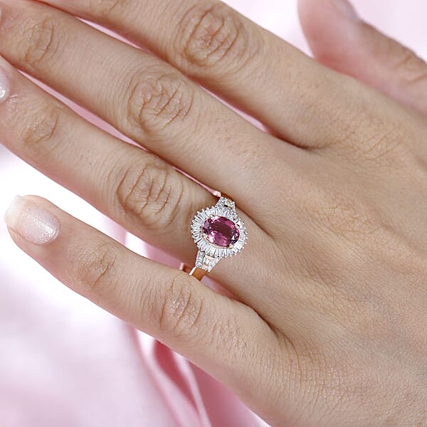 Luxoro 10K Rose Gold Premium Natural Calabar Pink Tourmaline And G-H I2 Diamond Halo Ring 4.15 Grams 1.50 Ctw