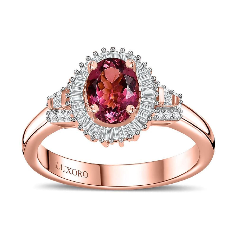 Luxoro 10K Rose Gold Premium Natural Calabar Pink Tourmaline and G-H I2 Diamond Halo Ring 4.15 Grams 1.50 ctw