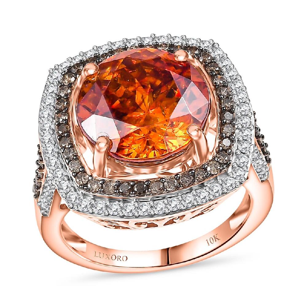 Luxoro 10K Rose Gold Premium Picos Altos Sphalerite Natural Champagne and White Diamond (I2) (1.10 cts) Ring 10.30 ctw
