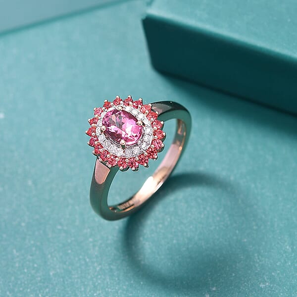 Luxoro 10K Rose Gold Premium Pink Calabar Tourmaline Padparadscha Sapphire And White Diamond (I2) (0.10) Ring 1.35 Ctw