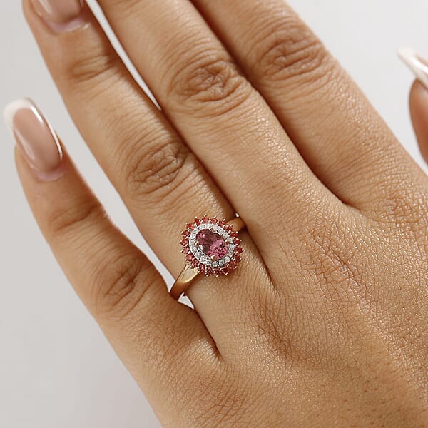 Luxoro 10K Rose Gold Premium Pink Calabar Tourmaline Padparadscha Sapphire And White Diamond (I2) (0.10) Ring 1.35 Ctw