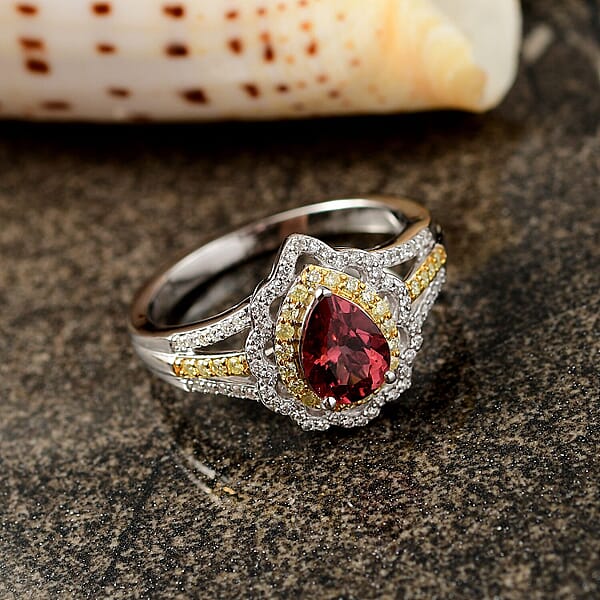Luxoro 10K White And Yellow Gold AAA Morro Redondo Pink Tourmaline Natural Yellow And White Diamond (I2) (0.47 Cts) Water Ripples Ring (4.60 G) 1.70 Ctw