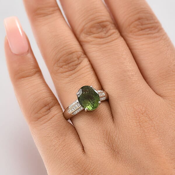 Luxoro 10K White Gold AA Malagasy Pine Apatite White Diamond I2 Main Stone With Side Stone Ring Gold Wt. 3.22 G 3.72 Ctw