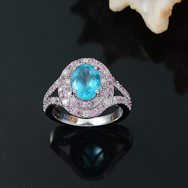 Luxoro 10K White Gold AAA Betroka Blue Apatite Madagascar Pink Sapphire And White Diamond (I2) (0.30 Cts) Double Halo Ring 3.90 Ctw