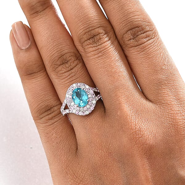 Luxoro 10K White Gold AAA Betroka Blue Apatite Madagascar Pink Sapphire And White Diamond (I2) (0.30 Cts) Double Halo Ring 3.90 Ctw