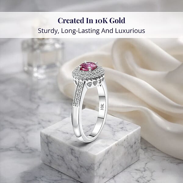 Luxoro 10K White Gold AAA Pink Sapphire White Diamond I2 Main Stone With Side Stone Ring Gold Wt. 3.73 G 1.12 Ctw