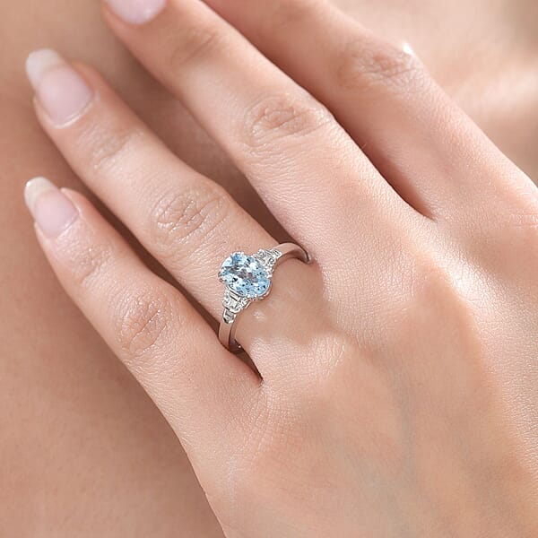 Luxoro 10K White Gold AAA Santa Maria Aquamarine And G-H I2 Diamond Ring 1.50 Ctw