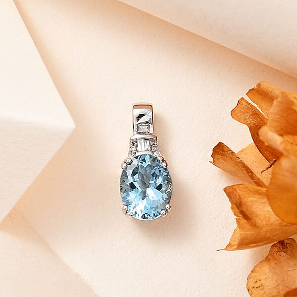 Luxoro 10K White Gold AAA Santa Maria Aquamarine And G-H I2 Diamond Pendant Without Chain 1.65 Ctw