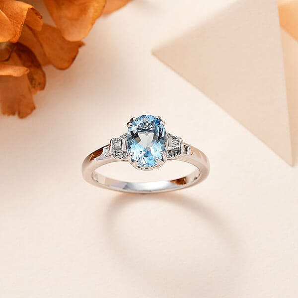 Luxoro 10K White Gold AAA Santa Maria Aquamarine Diamond (G-H I2) Ring 1.50 Ctw