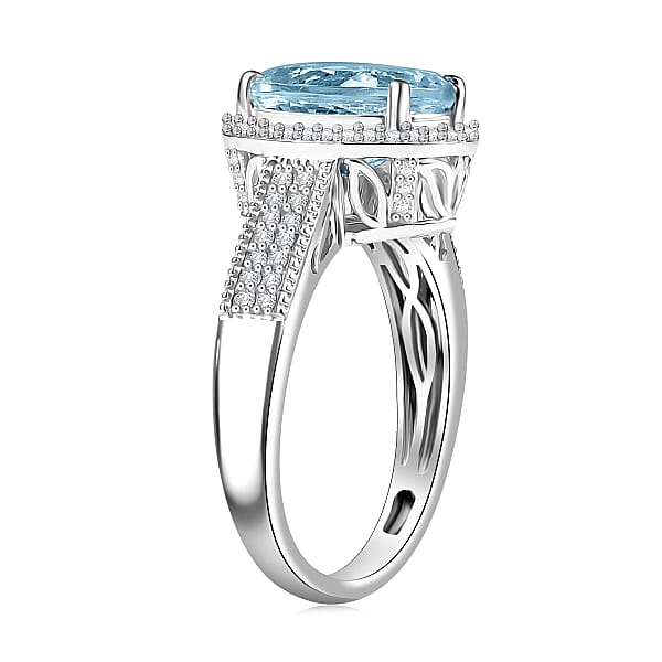 Luxoro 10K White Gold Premium Mangoro Aquamarine White Diamond (G-H I2) (0.32 Cts) Lotus Flower Ring 3.30 Ctw