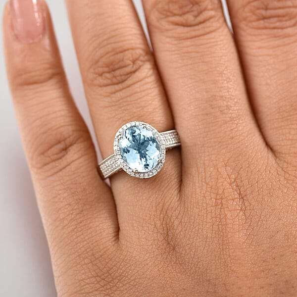 Luxoro 10K White Gold Premium Mangoro Aquamarine White Diamond (G-H I2) (0.32 Cts) Lotus Flower Ring 3.30 Ctw
