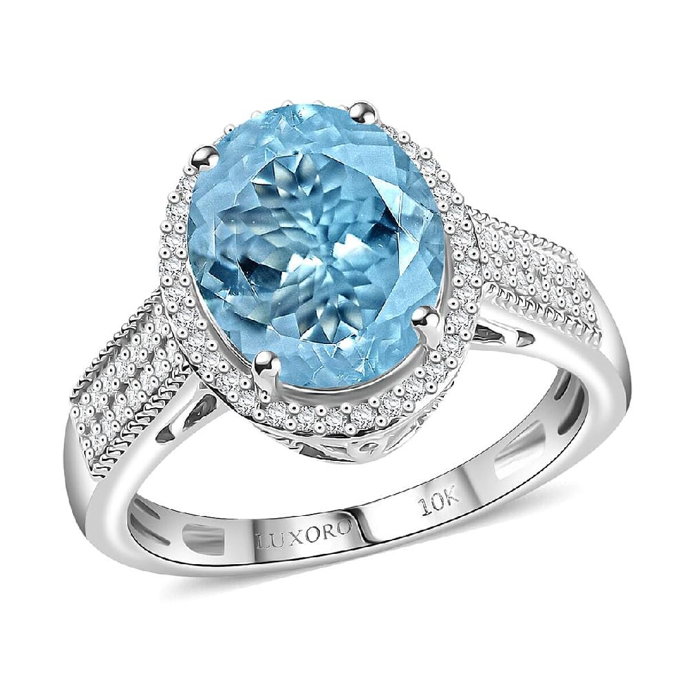 Luxoro 10K White Gold Premium Mangoro Aquamarine White Diamond (G-H I2) (0.32 cts) Lotus Flower Ring 3.30 ctw