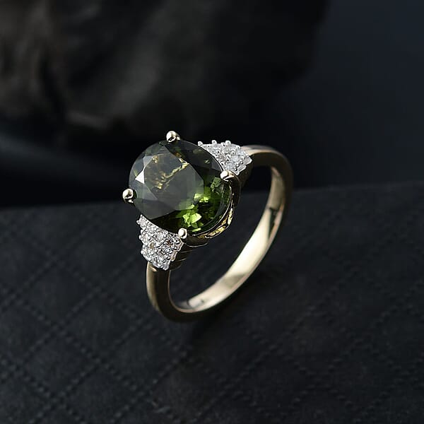 Luxoro 10K Yellow Gold AAA Bohemian Moldavite Diamond (G-H I2) Ring 3.10 Ctw
