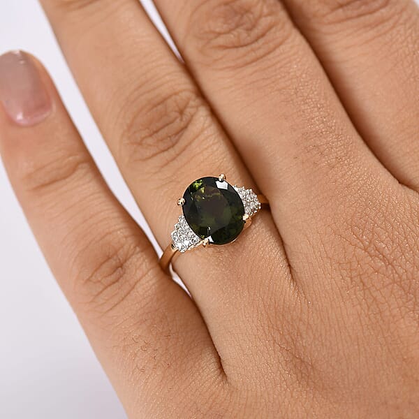 Luxoro 10K Yellow Gold AAA Bohemian Moldavite Diamond (G-H I2) Ring 3.10 Ctw